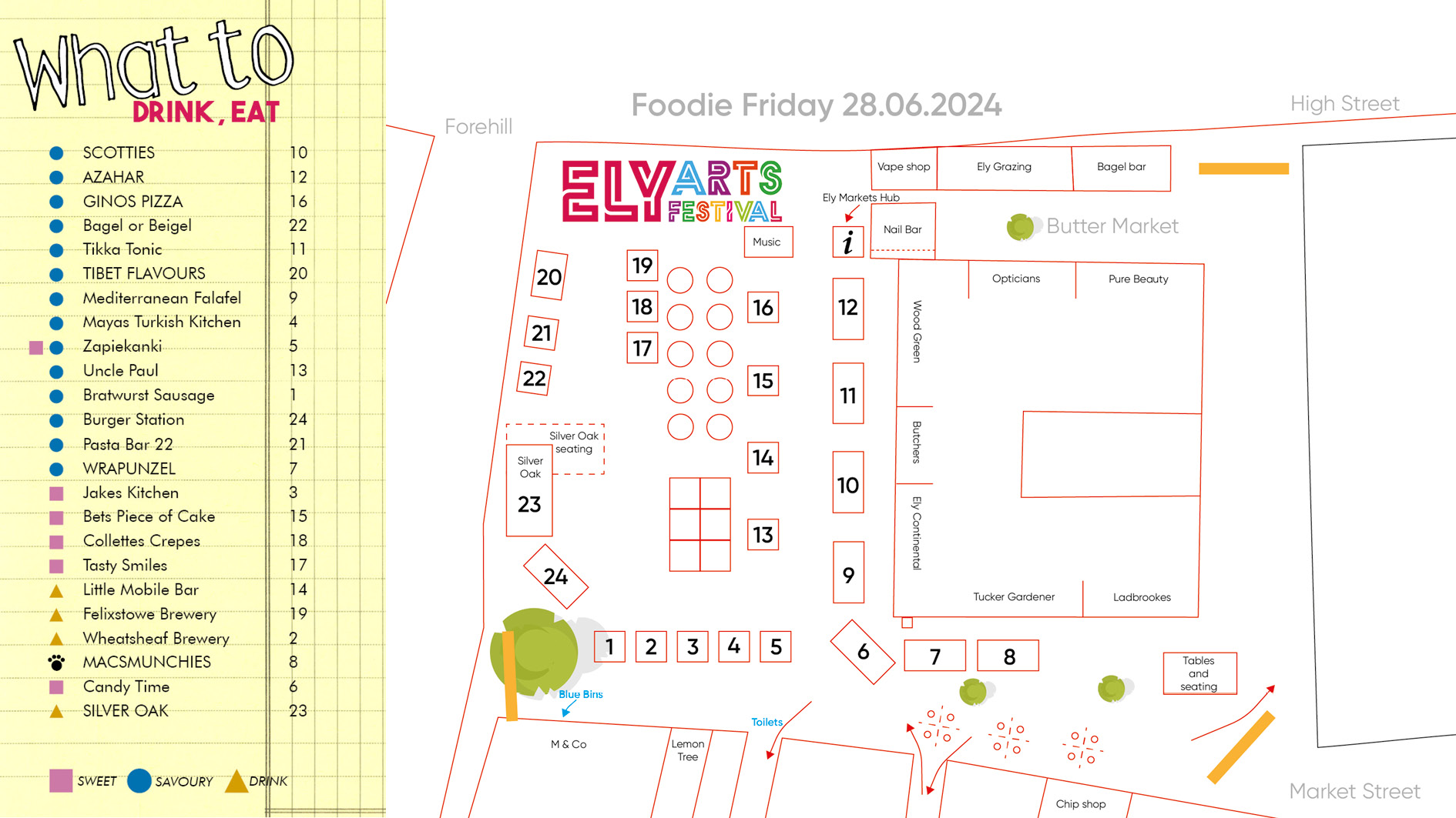 Traders list and layout for Foodie Friday on 28 June 2024